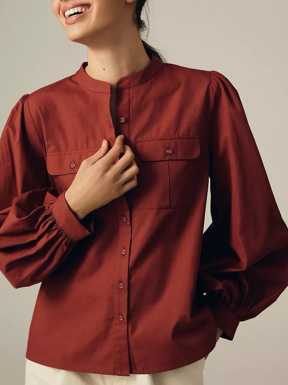 Anthro Nikasha Utility Cargo Balloon Sleeve Cotton Button Down Blouse, Rust – XS